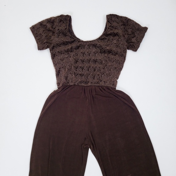Vintage jumpsuit brown wide leg loose t-shirt bodycon fit flare scoop neckline - Picture 13 of 14